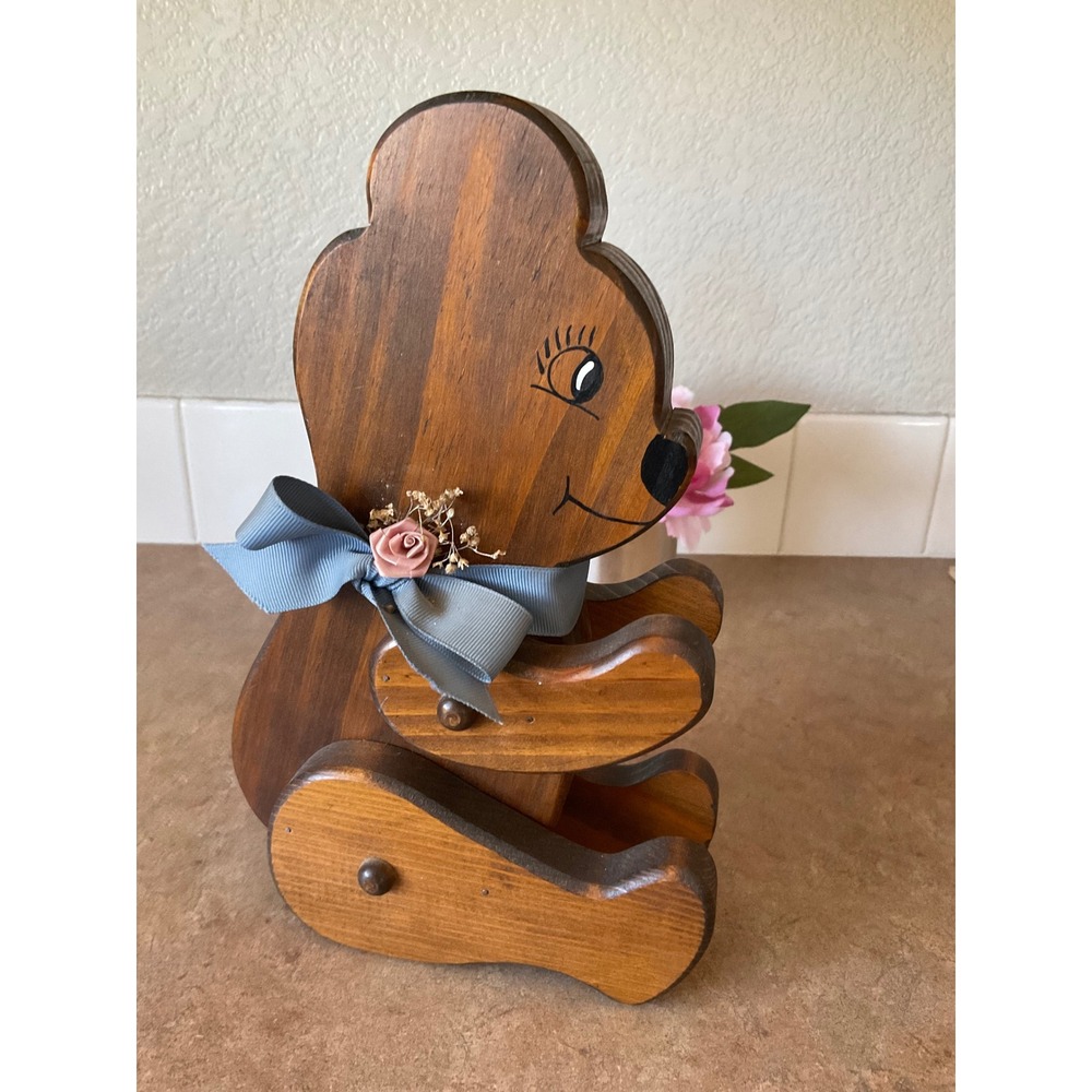 Vintage Handcrafted Wooden Teddy Bear Figurine Rustic Nursery Decor Blue Ribbon